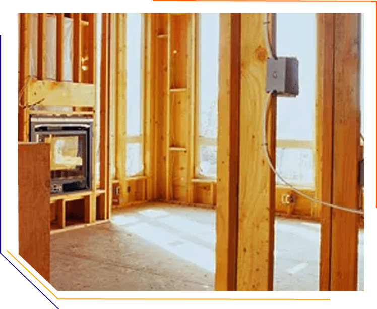 A room with wood framing and electrical wiring.