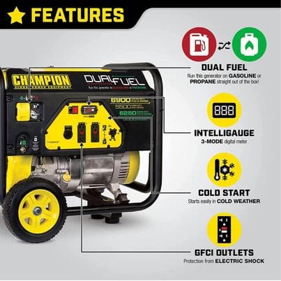 A yellow and black generator with features labeled.