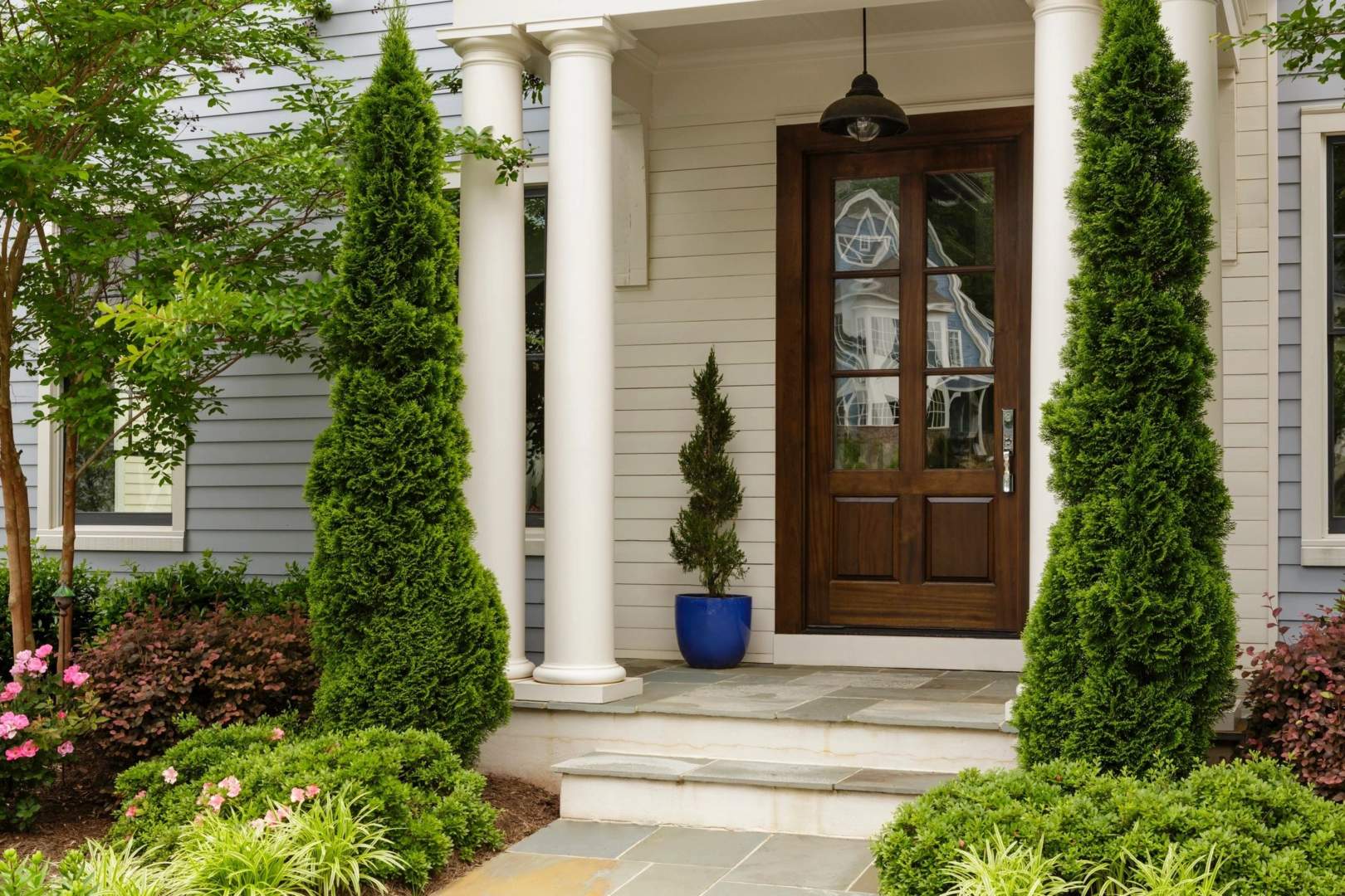 A front porch with steps and plants leading to the door.